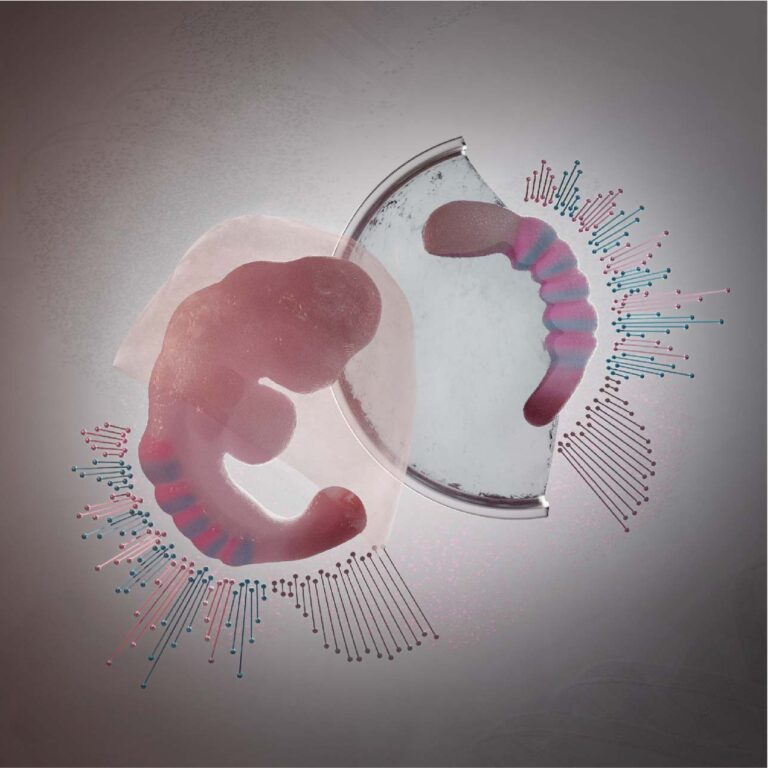 Cartoon van muizenembryo en muizengastruloïde